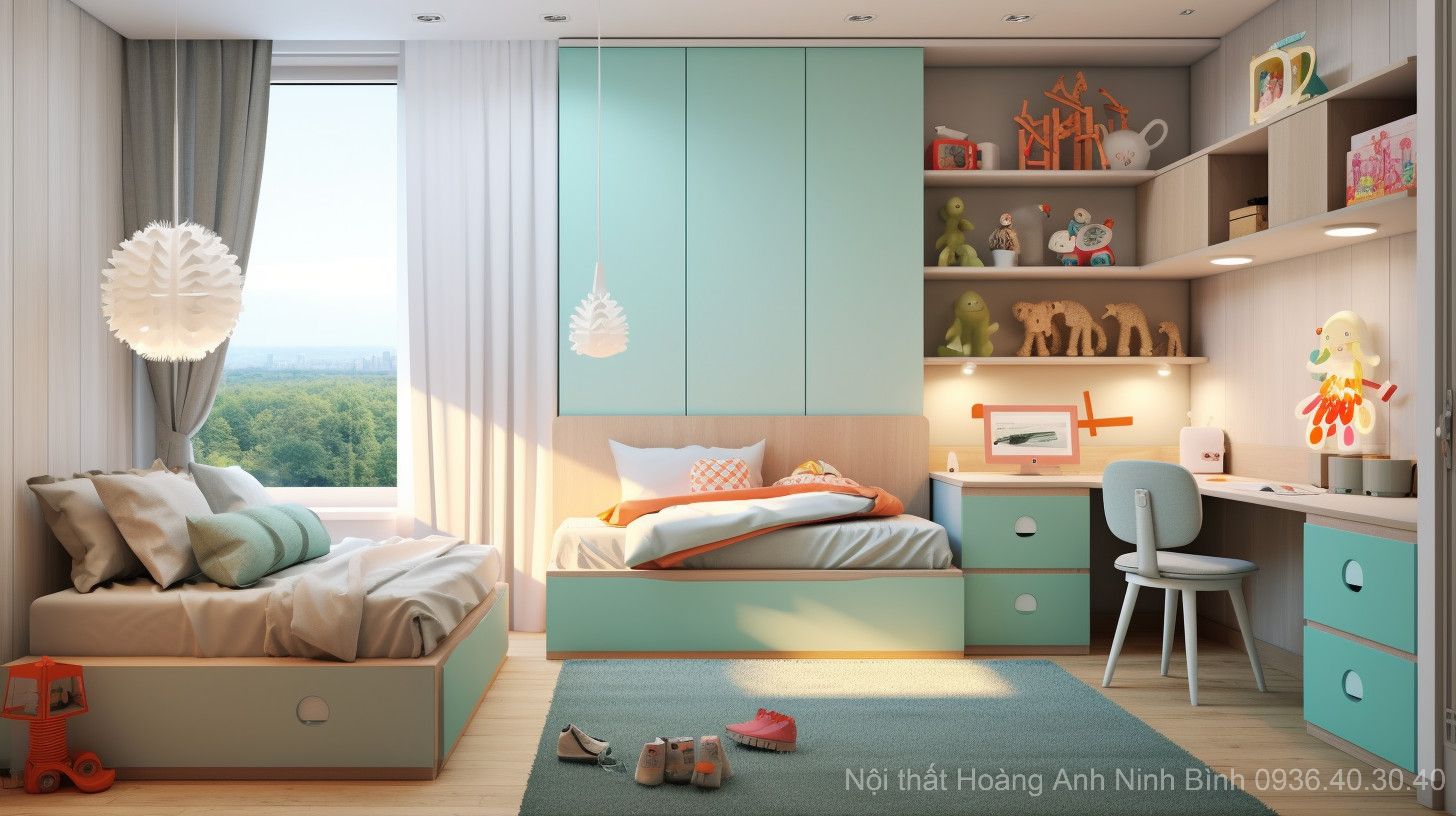 Thiết kế phòng ngủ hiện đại cho bé gam mầu xanh tại Nội thất Hoàng Ahh Ninh Bình